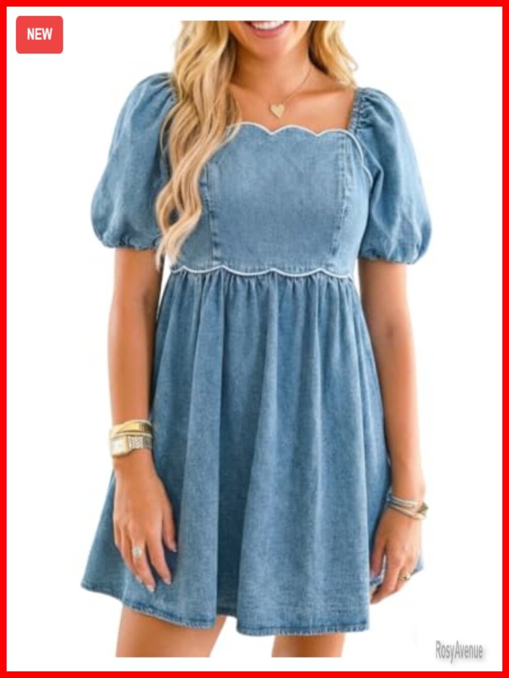 Women Denim Babydoll Mini Dress Square Neck Puff Sleeve Jean Dress